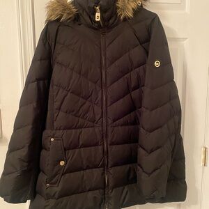 MICHAEL Michael Kors Black Puffer Coat with Faux Fur Removable Hood